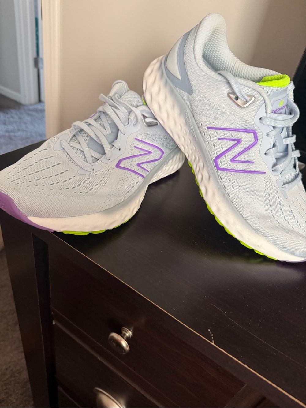 New Balance Light Gray Running Shoes with Purple and Neon Green Accents